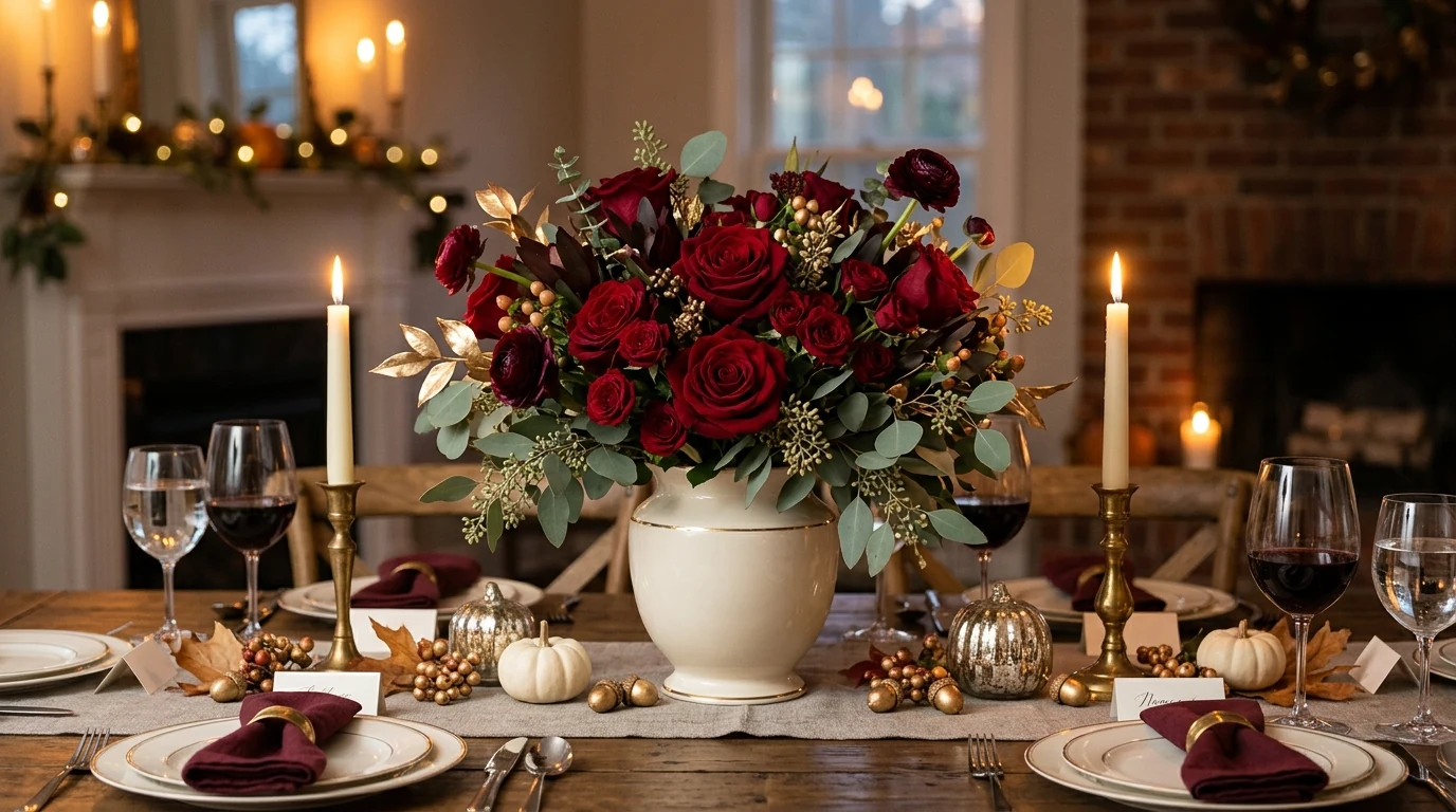 Elegant fall dining table centerpiece using white pumpkins for Thanksgiving.