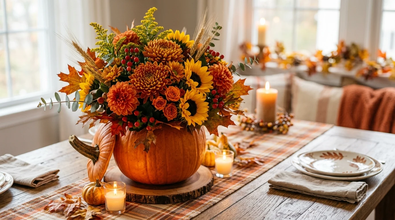 Beautiful Thanksgiving centerpiece with wheat stems in collected vessels.