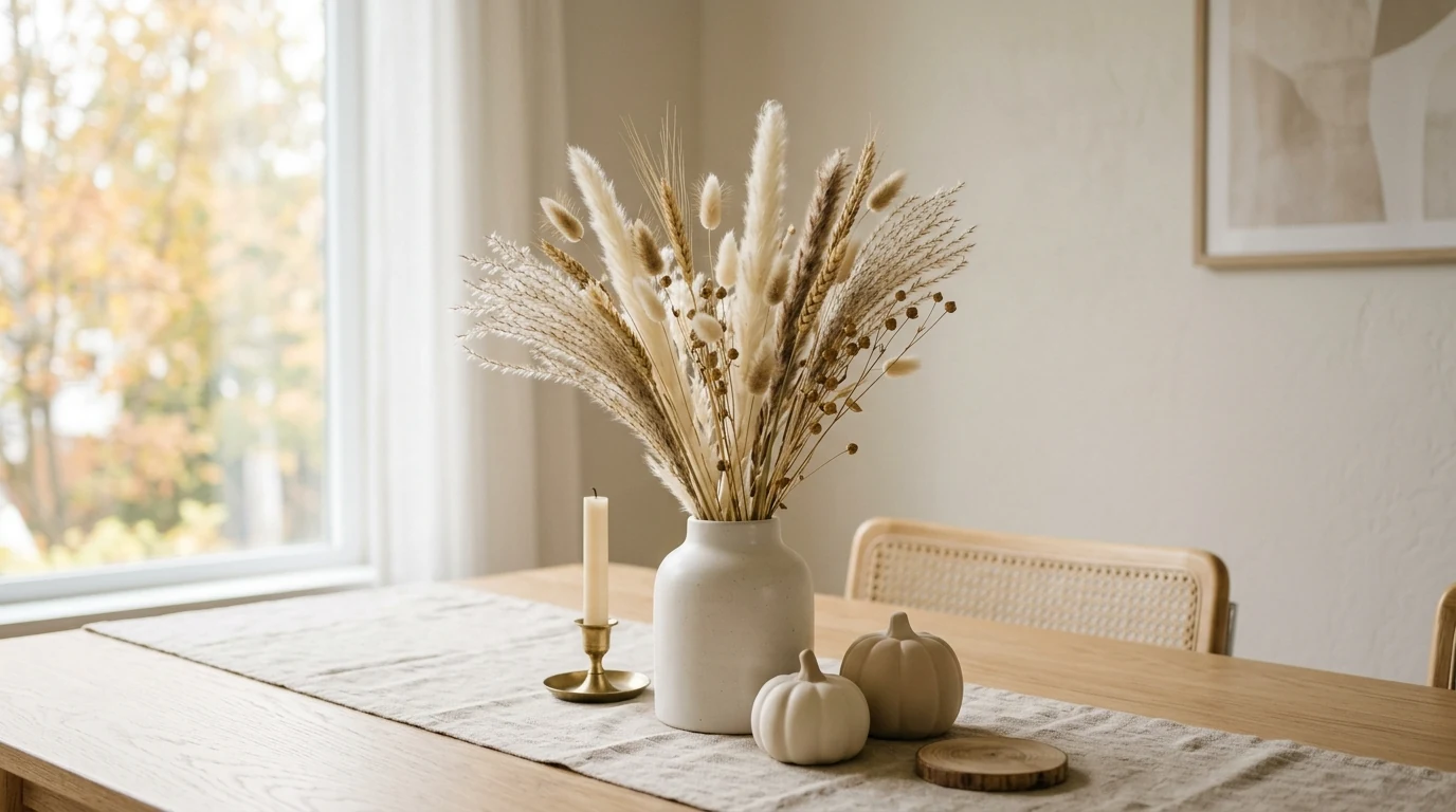 Fall centerpiece with amber glass and candle glow for Thanksgiving hosting.