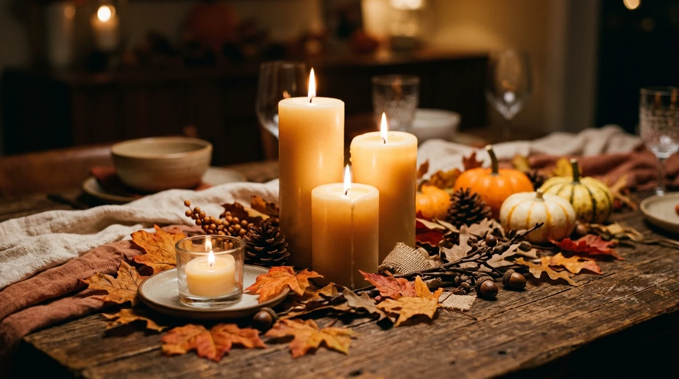 Autumn harvest centerpiece with pears, leaves, and gathered natural texture.