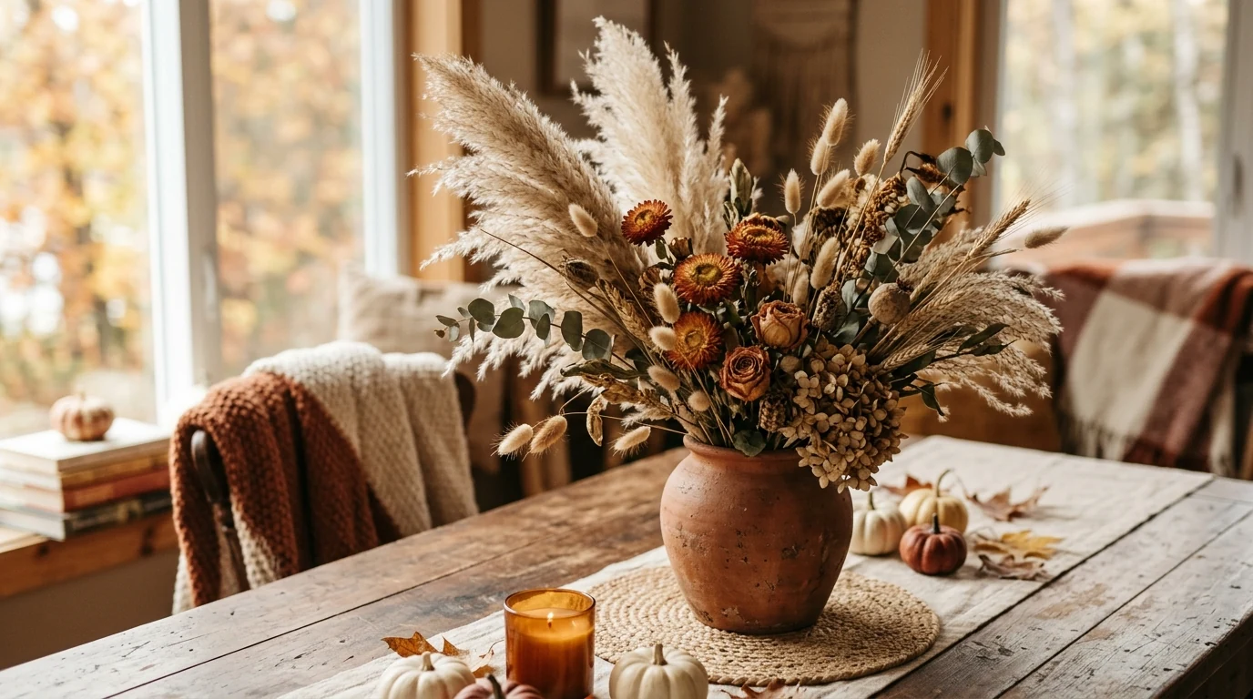 Low fall dining centerpiece designed for practical Thanksgiving hosting.