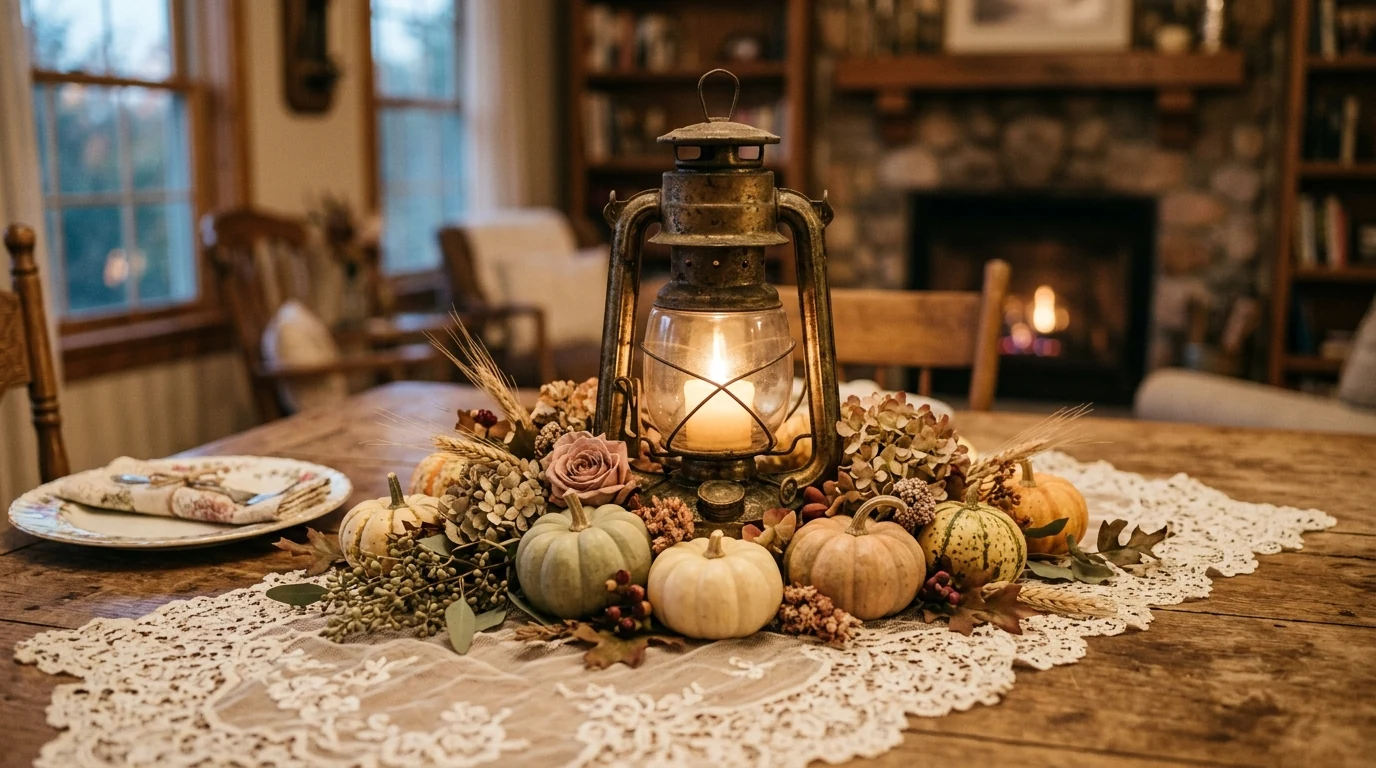 Thanksgiving table centerpiece with brass accents and rich autumn contrast.