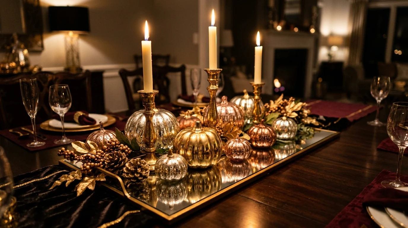 Fall dining centerpiece in a compote bowl filled with gourds and seasonal decor.