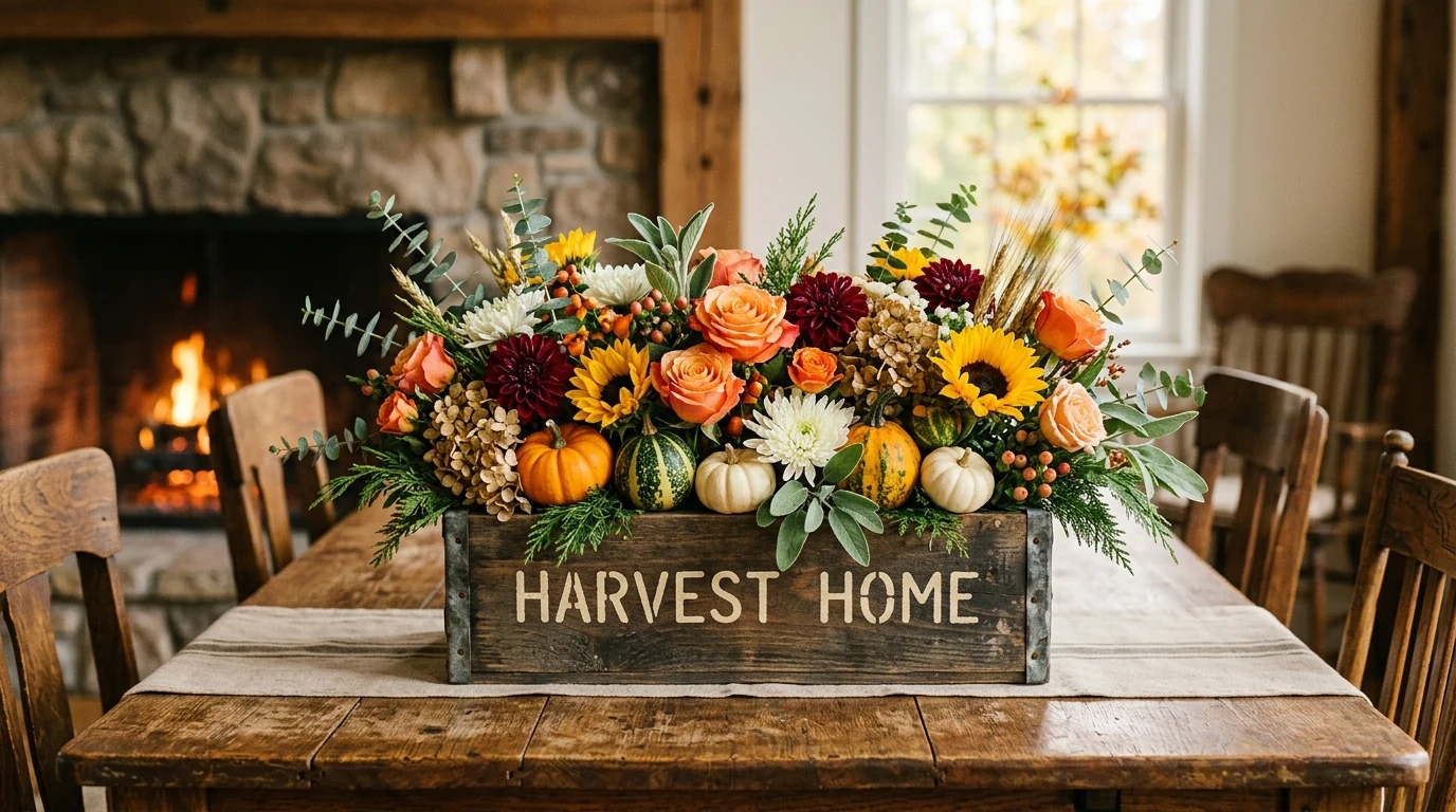 Thanksgiving centerpiece using natural greenery and clustered candlelight.