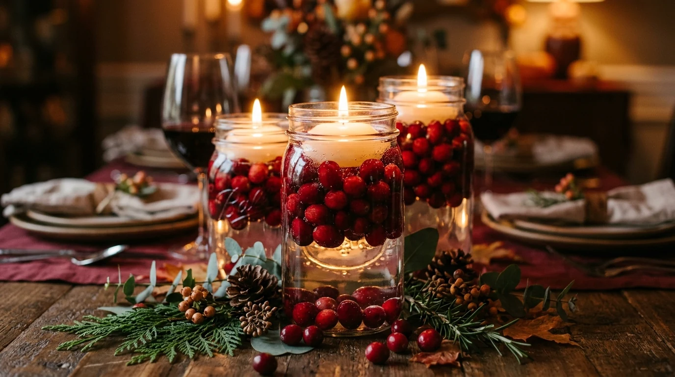 Modern fall centerpiece with moody black accents for Thanksgiving hosting.