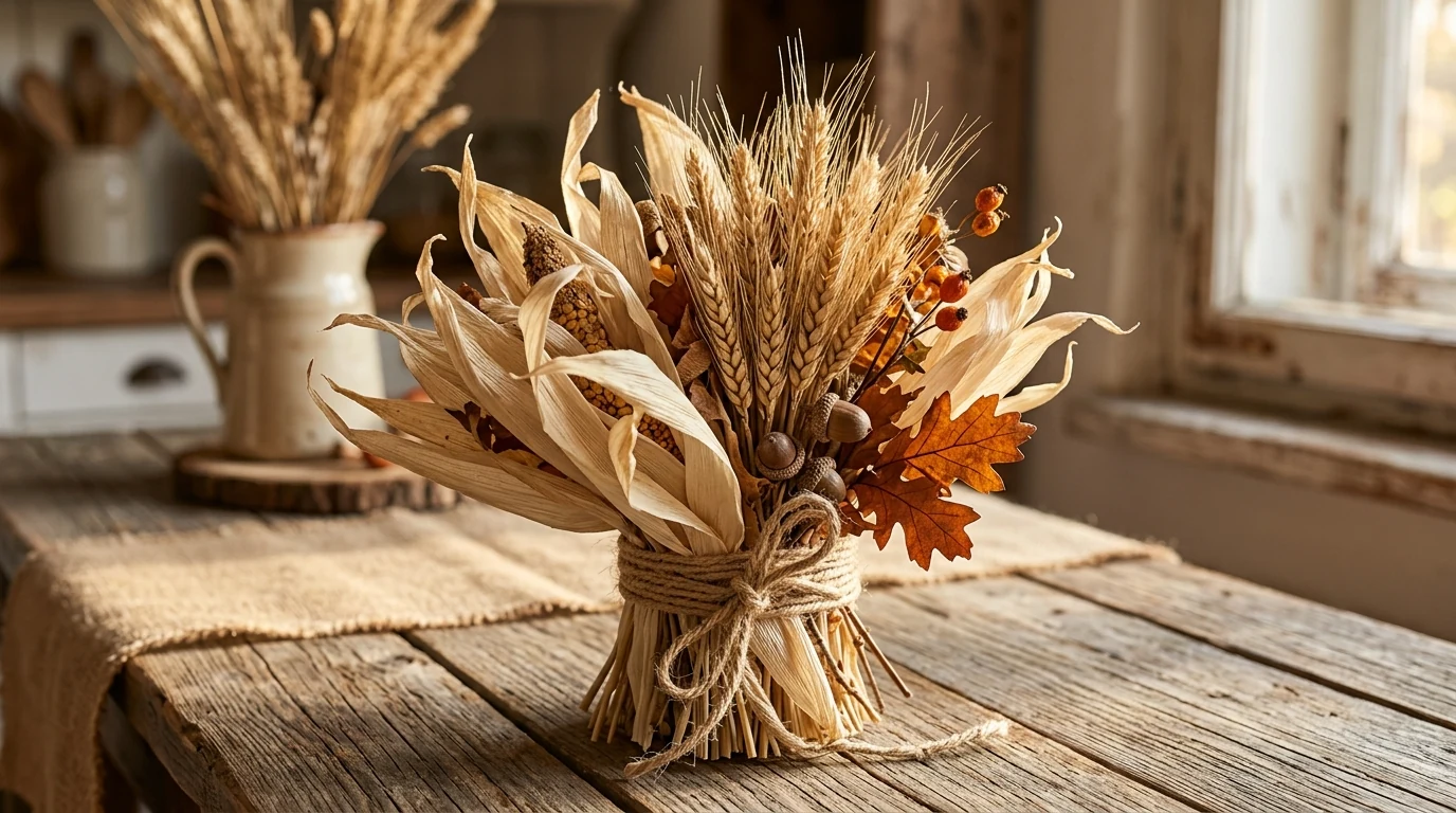 Thanksgiving centerpiece using a woven basket and abundant harvest decor.