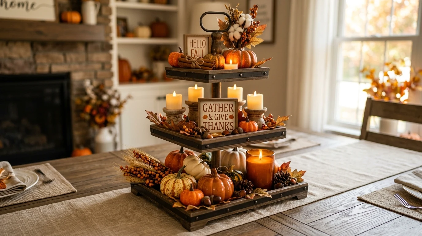Fall dining table with repeated mini vase centerpieces for Thanksgiving hosting.