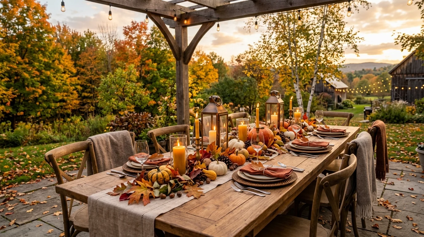 Beautiful fall dining table centerpiece fully styled for Thanksgiving hosting.