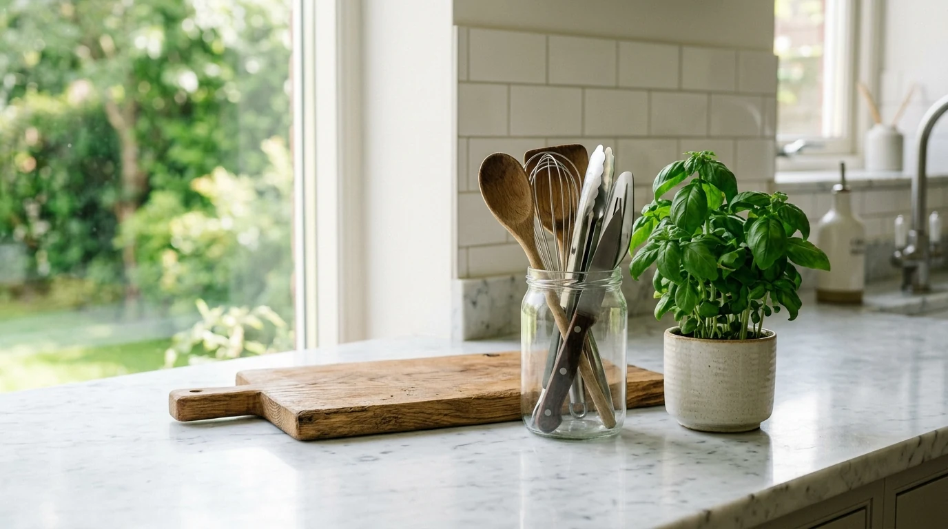 Beautiful stylish kitchen countertop decor arranged for a polished look.
