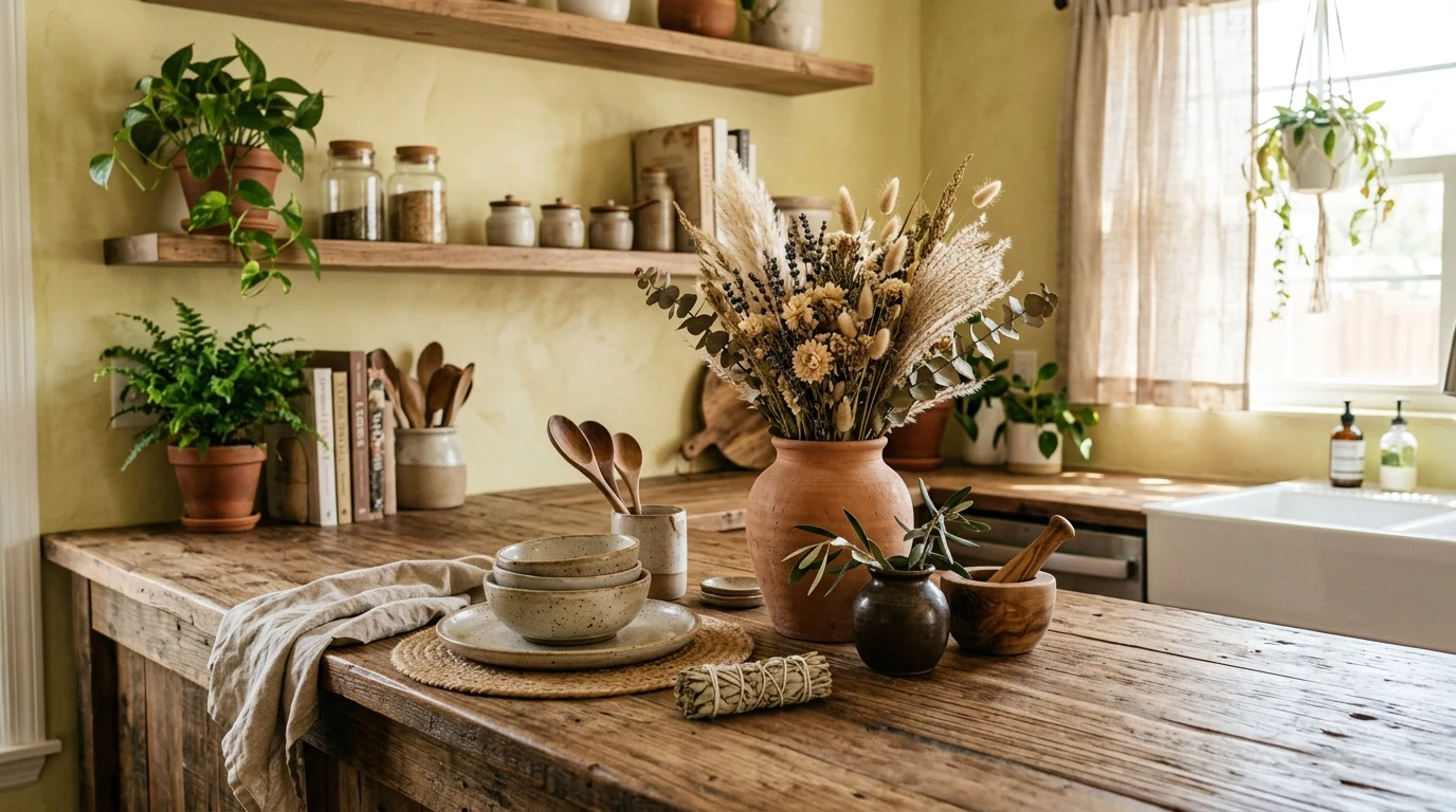 Kitchen countertop styled with a stoneware crock holding wooden cooking tools.