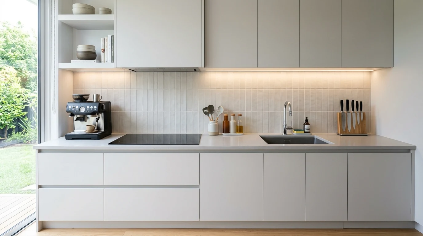 Kitchen countertop decor with stacked cookbooks and a candle for added character.