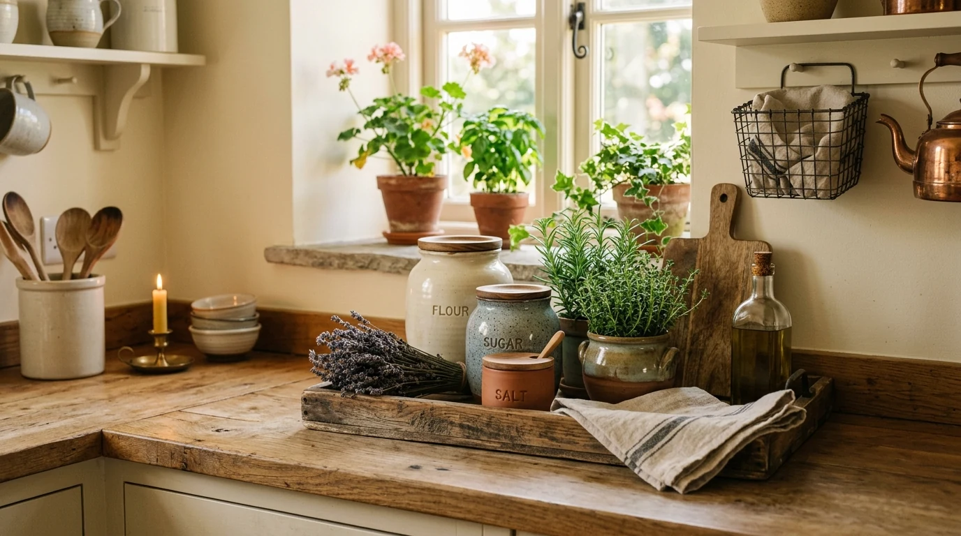Kitchen countertop styled with seasonal greenery near the cooking area.