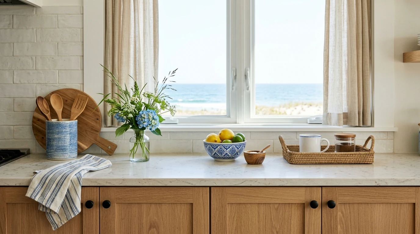 Polished kitchen countertop decor with marble and brass accents.