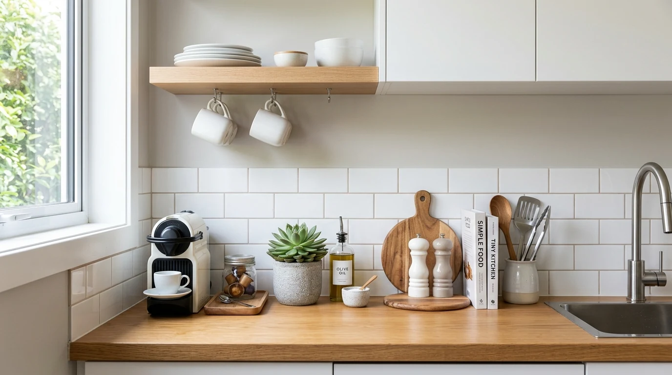 Neutral kitchen countertop decor with warm wood tones and calm styling.