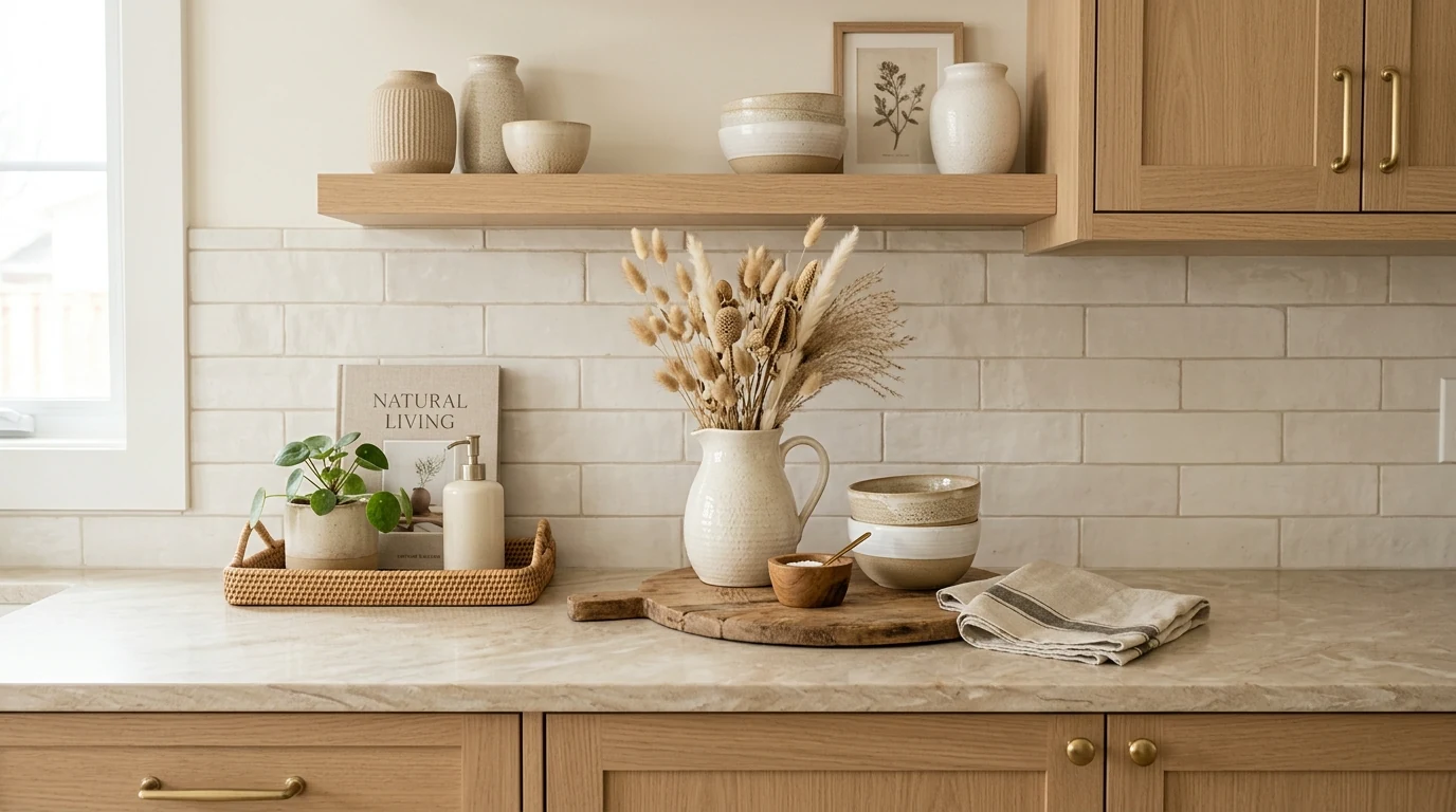 Beautiful stylish kitchen countertop decor arranged for a polished finished look.