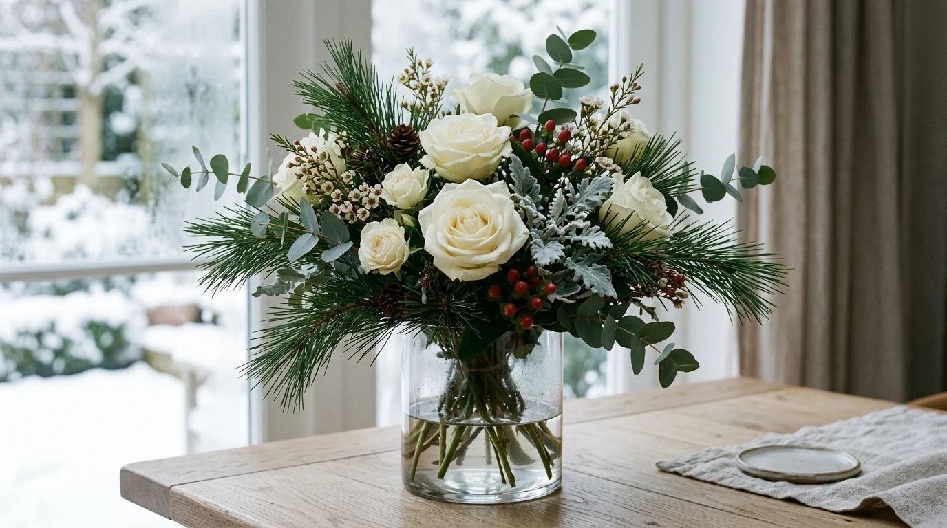 Beautiful winter floral arrangement styled with cold-weather blooms and greenery.