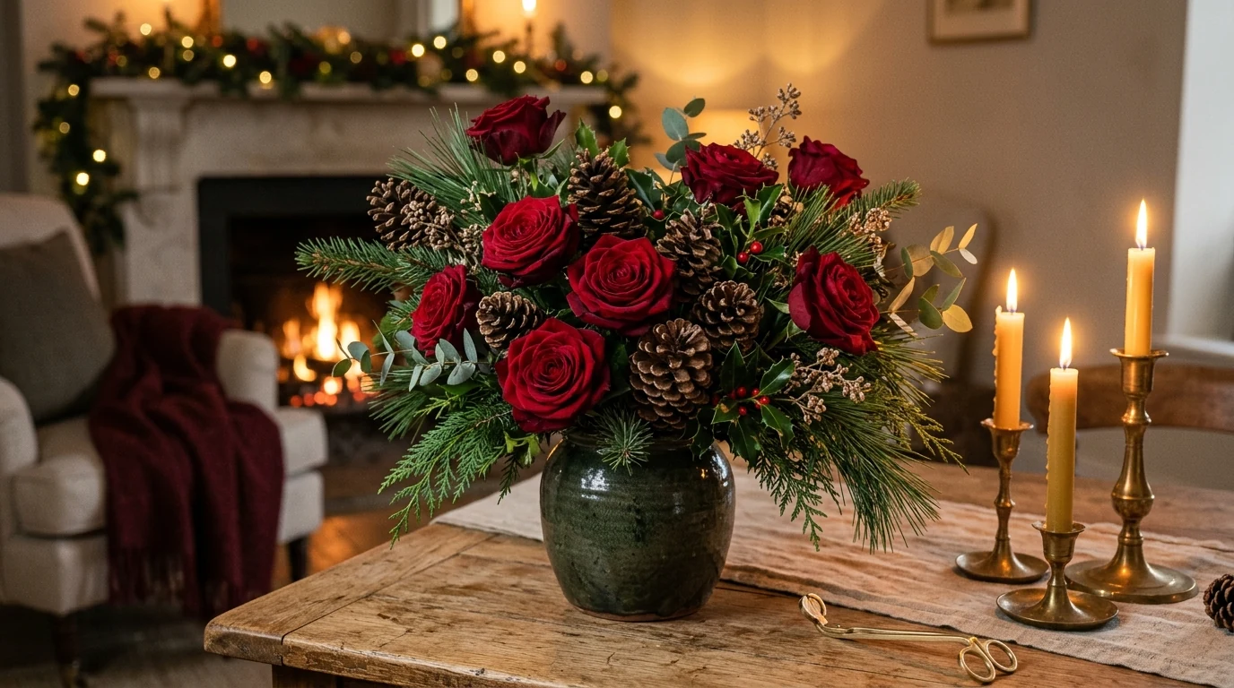 Tall winter floral arrangement featuring dramatic amaryllis blooms.