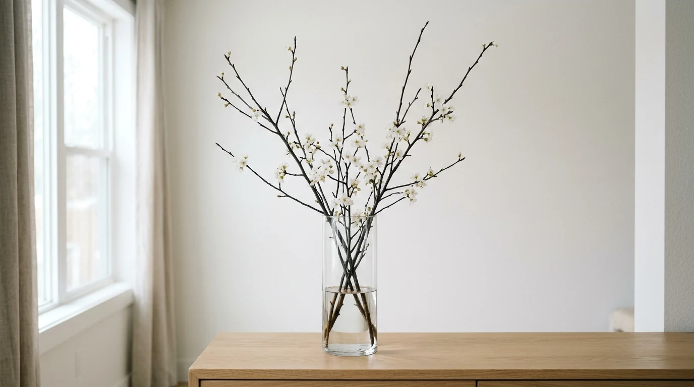 Winter flowers arranged with paperwhites in a clean ceramic vessel.