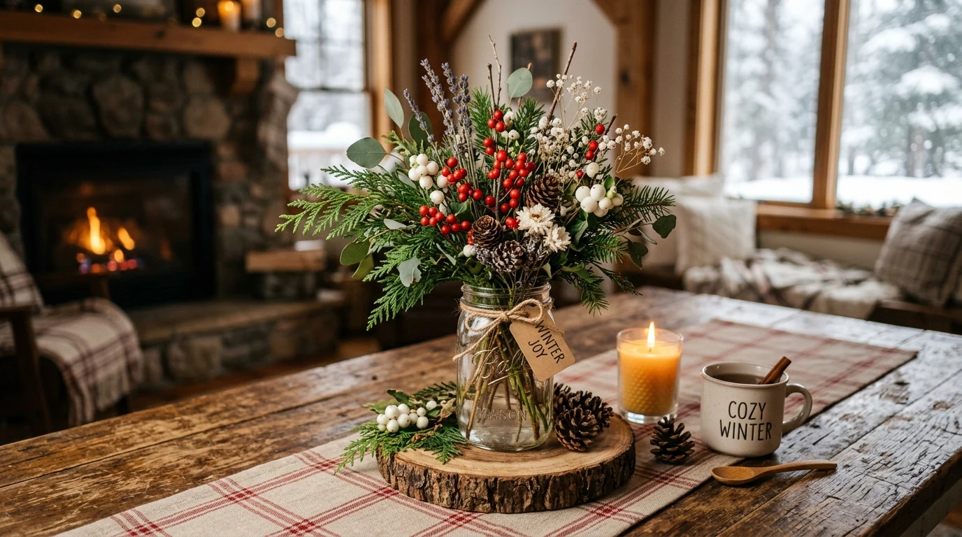 Low winter floral centerpiece with hellebores in a footed bowl.