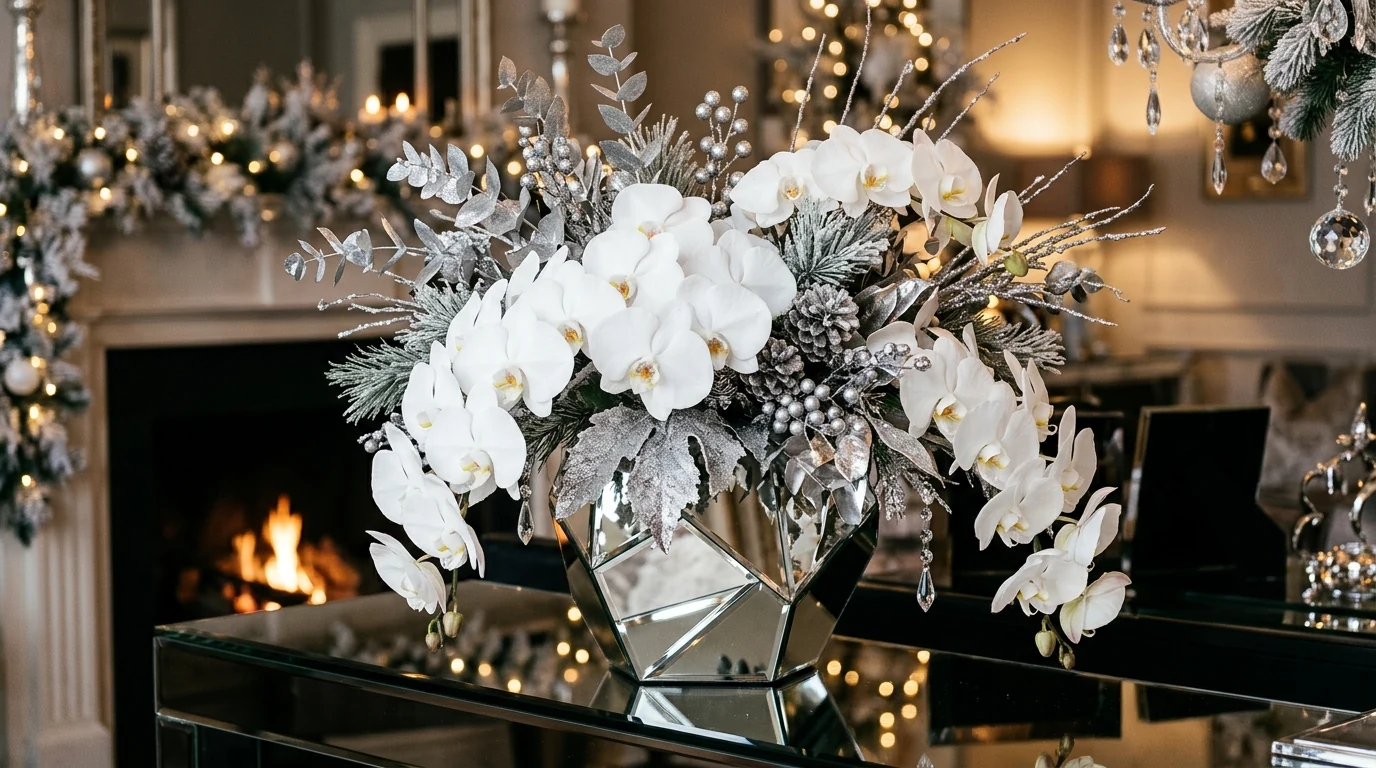 Winter floral display using berry branches for subtle seasonal color.