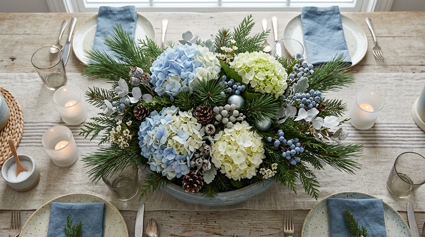 Textured winter arrangement with blue thistle and layered greenery.