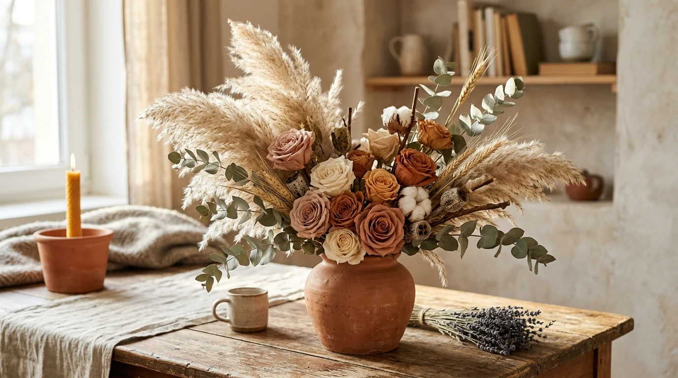Minimal winter floral arrangement using branches with a few seasonal blooms.