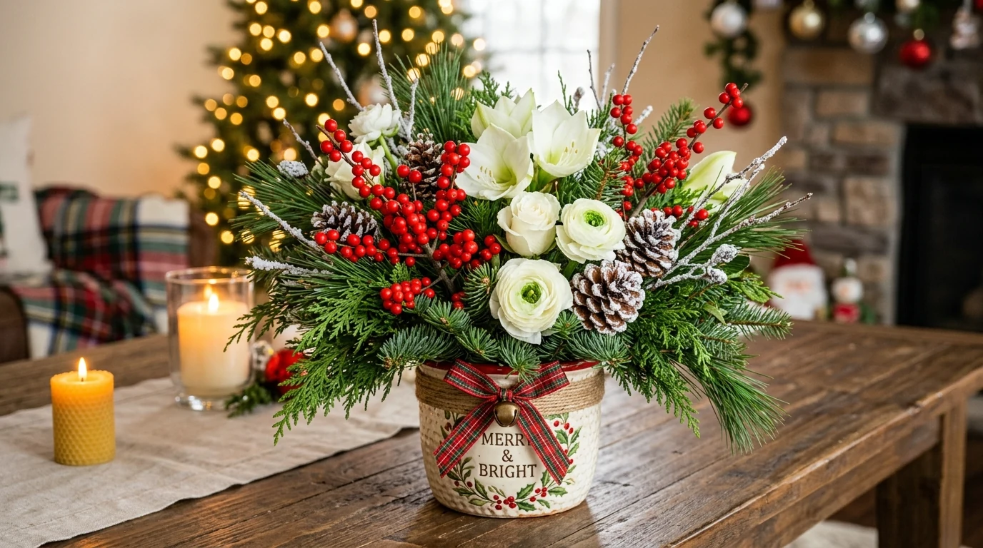 Moody winter floral arrangement in jewel tones for a luxe seasonal look.