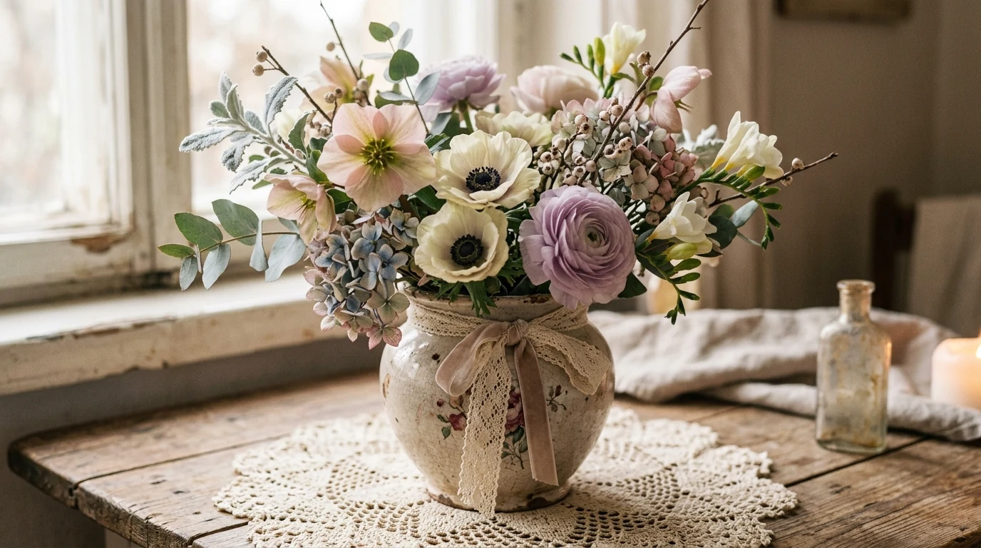 Winter flower arrangement in a kitchen pitcher with relaxed seasonal stems.