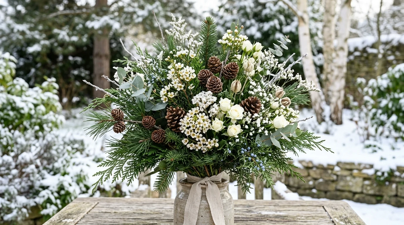Winter floral arrangement styled on a mantel with mixed seasonal texture.