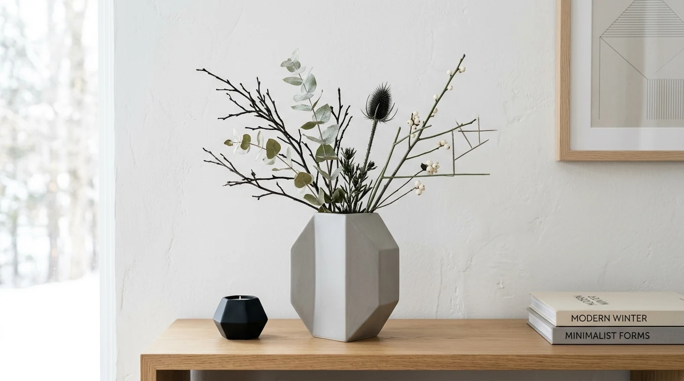 Winter flowers arranged in a silver vase with crisp white blooms.
