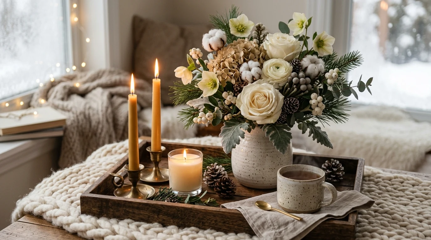 Winter floral arrangement on an entry table with pine and seasonal blooms.