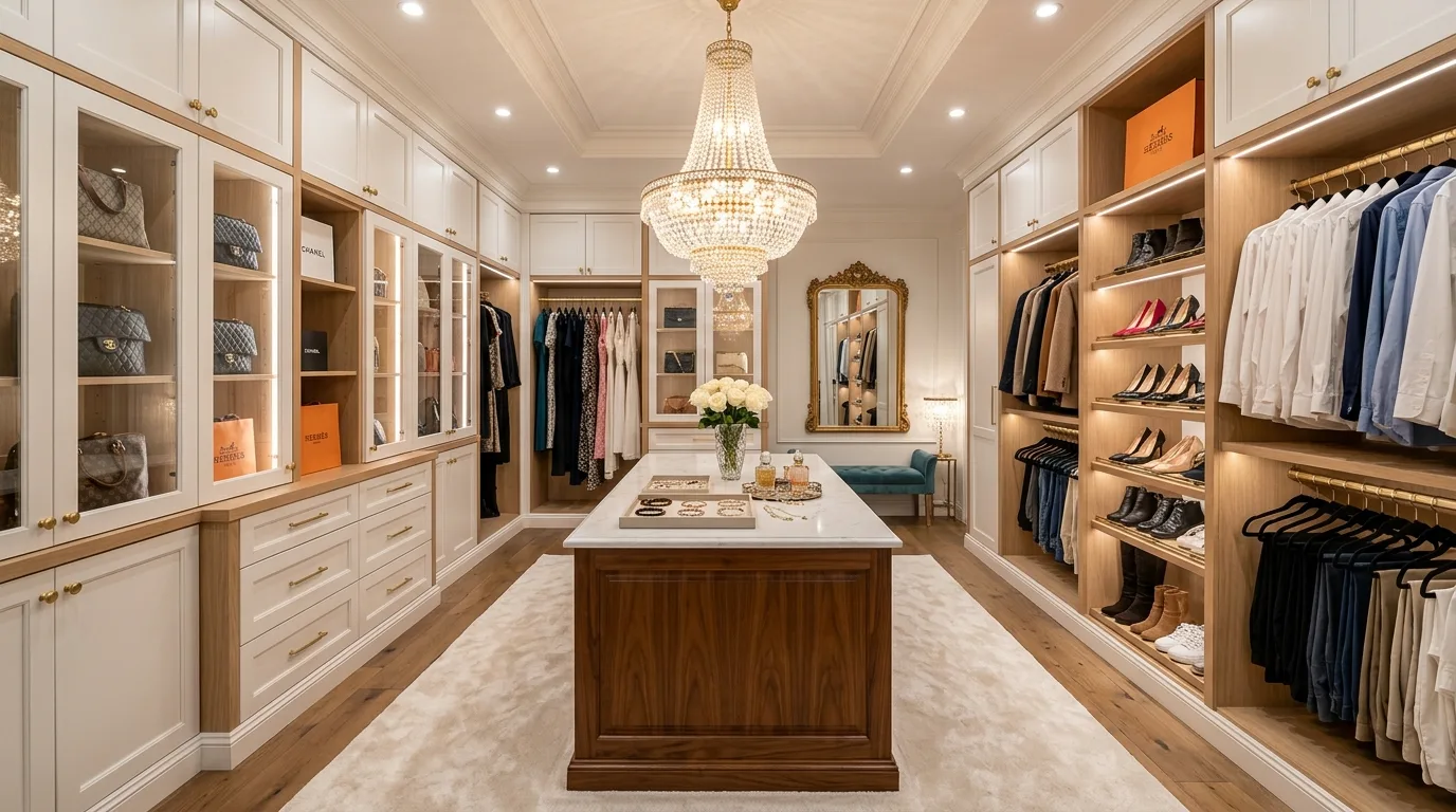 Boutique walk-in closet with island, chandelier, elegant cabinetry, and styled storage.
