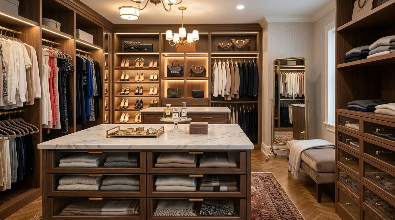 Dreamy walk-in closet with glass-front cabinets displaying bags and shoes.