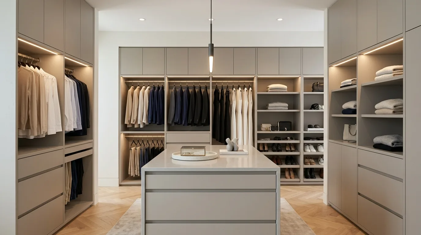 Luxury walk-in closet with integrated shelf lighting and elegant storage.