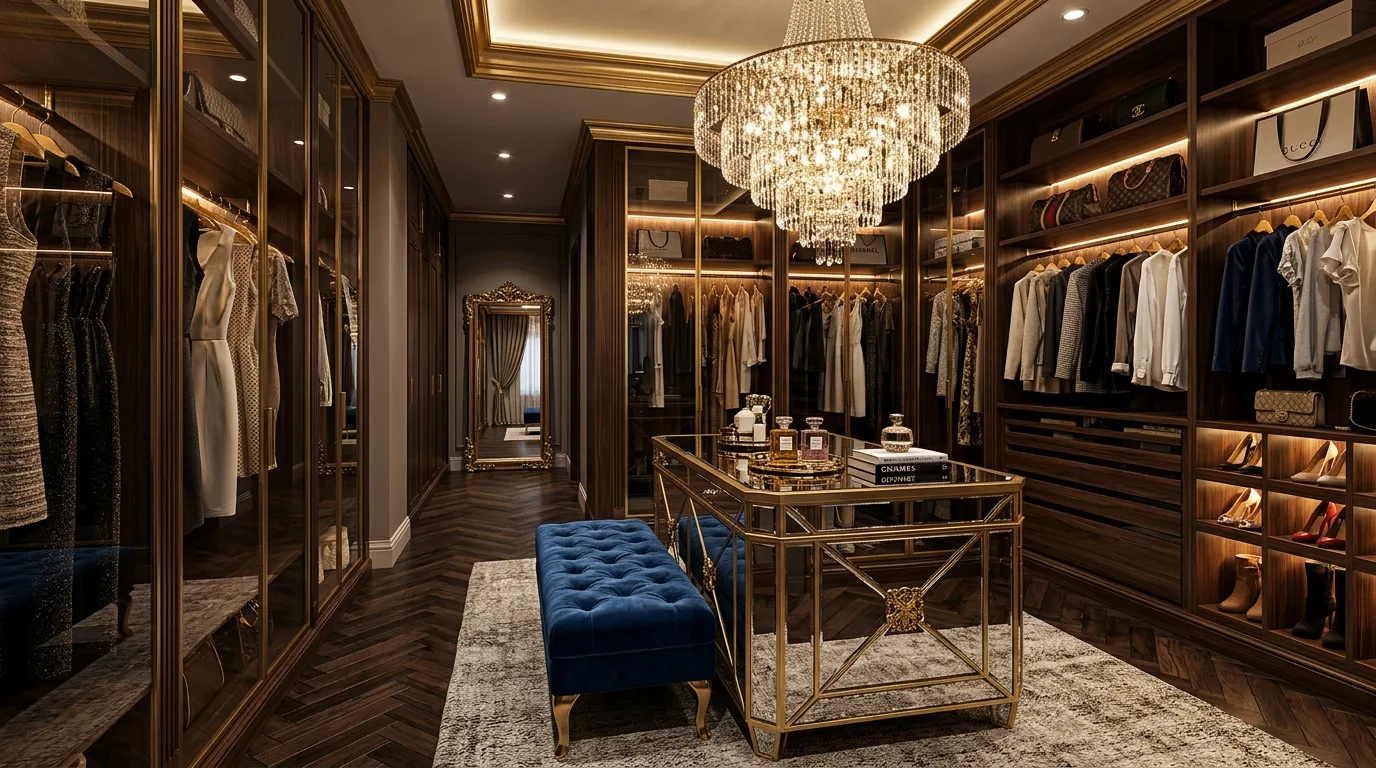 Stunning walk-in closet with a tall shoe display wall.