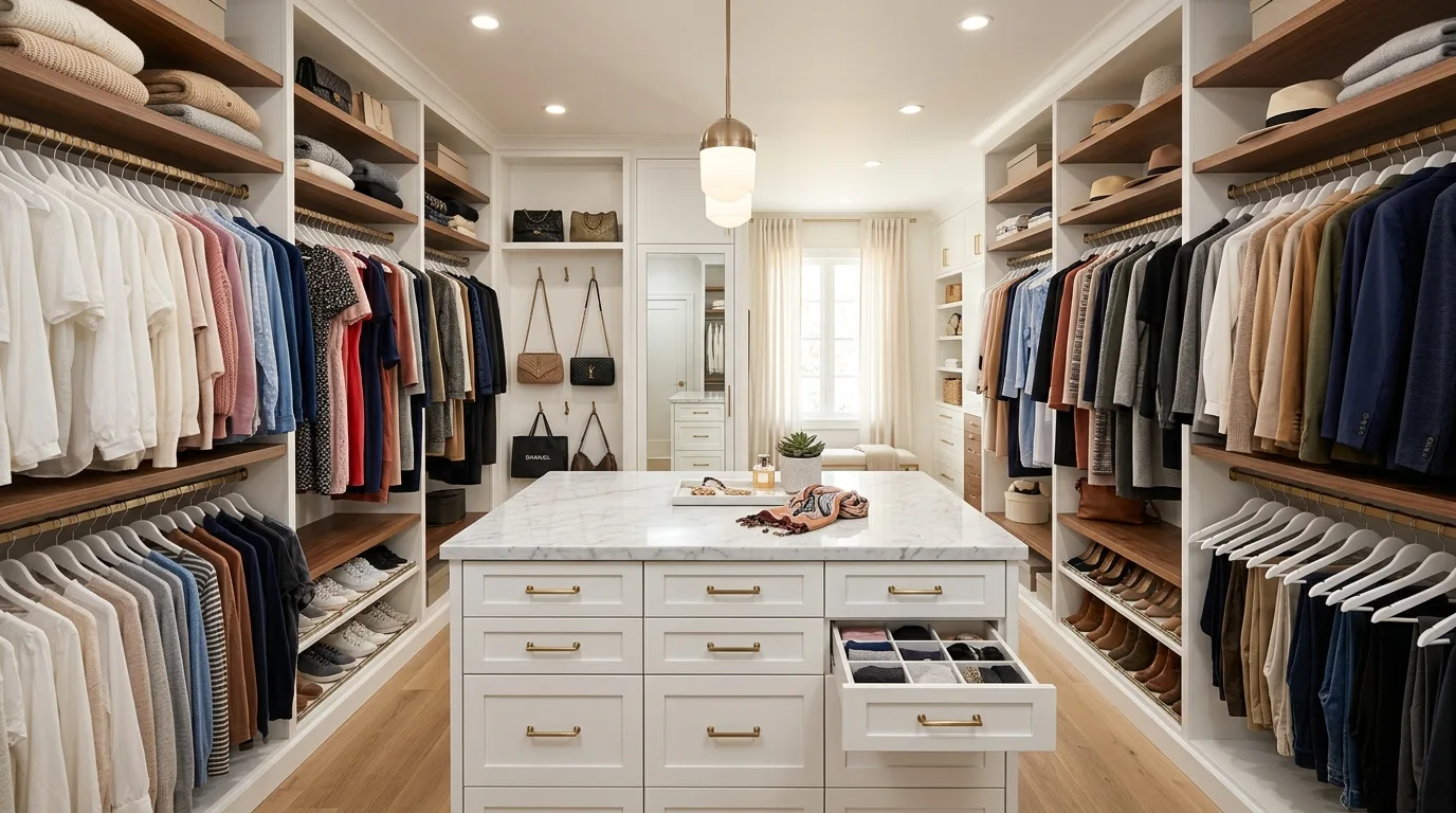 Walk-in closet vanity nook with mirror, stool, and boutique styling.