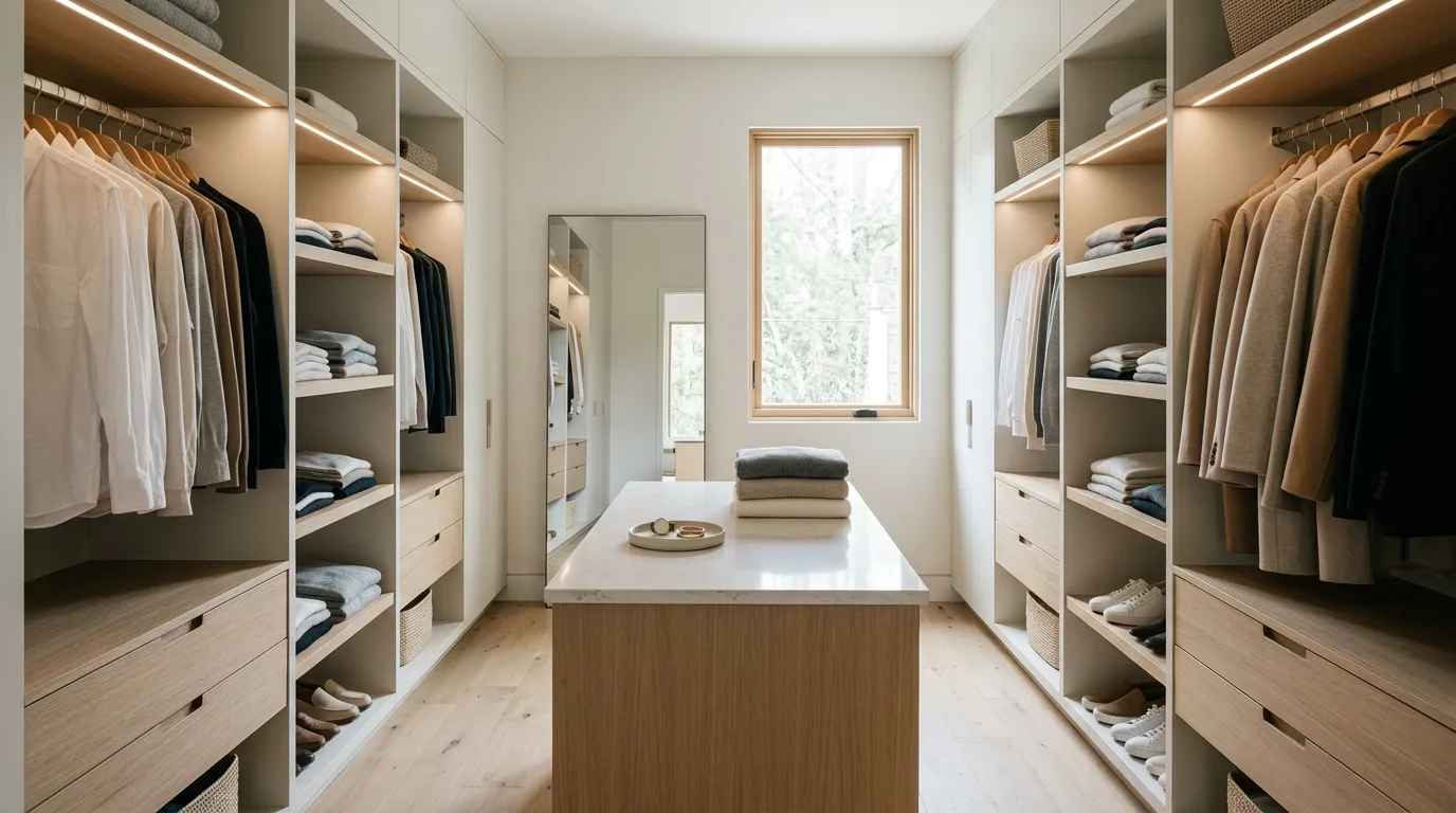 Elegant walk-in closet with chandelier and boutique dressing-room atmosphere.