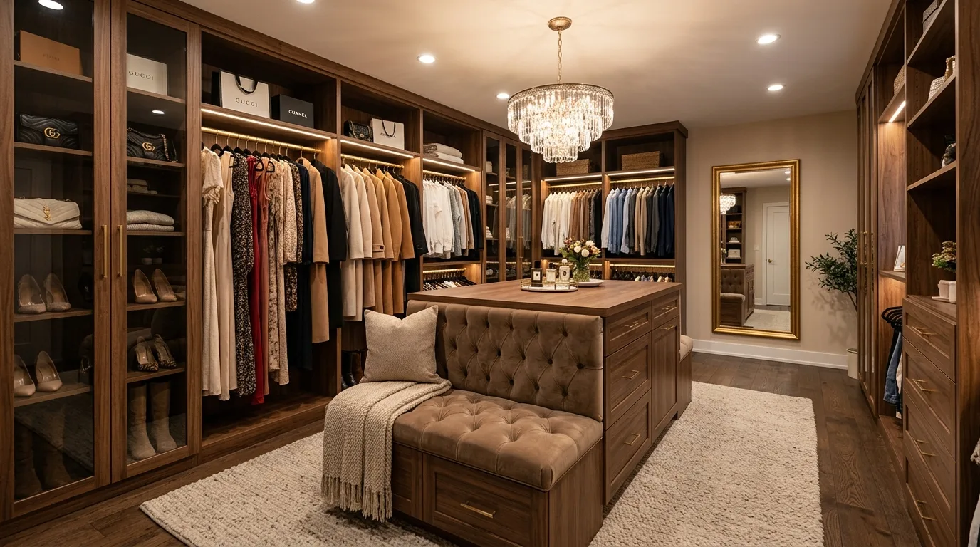 Dreamy walk-in closet with full mirrors adding light and depth.
