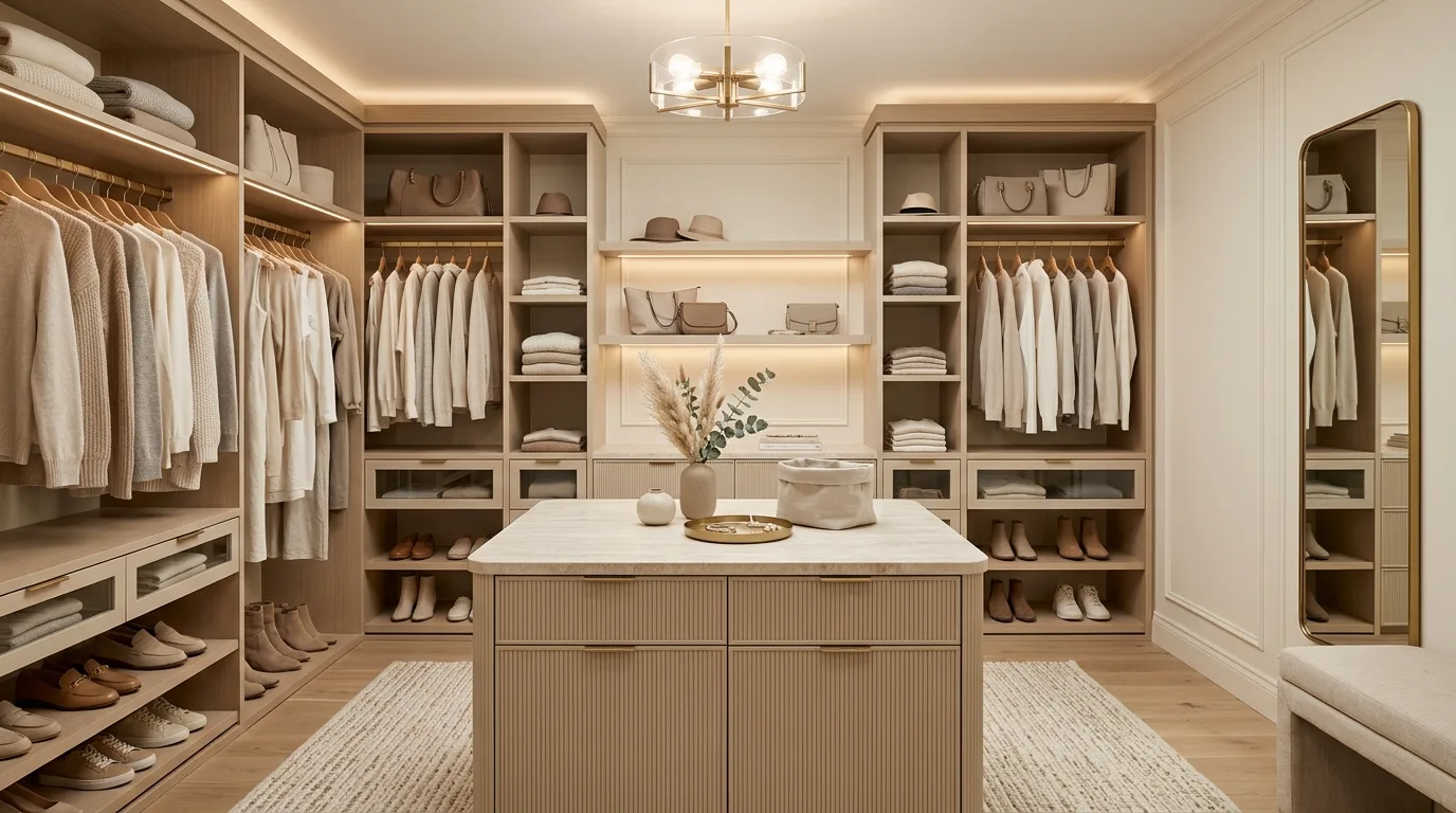 Walk-in closet in warm neutral cabinetry with a refined boutique look.