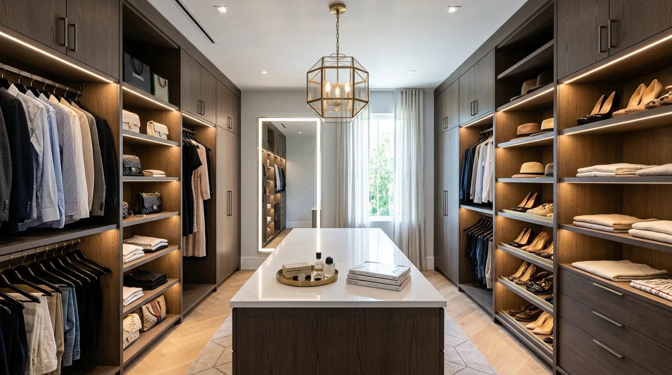 Boutique walk-in closet featuring handbags displayed on elegant shelves.