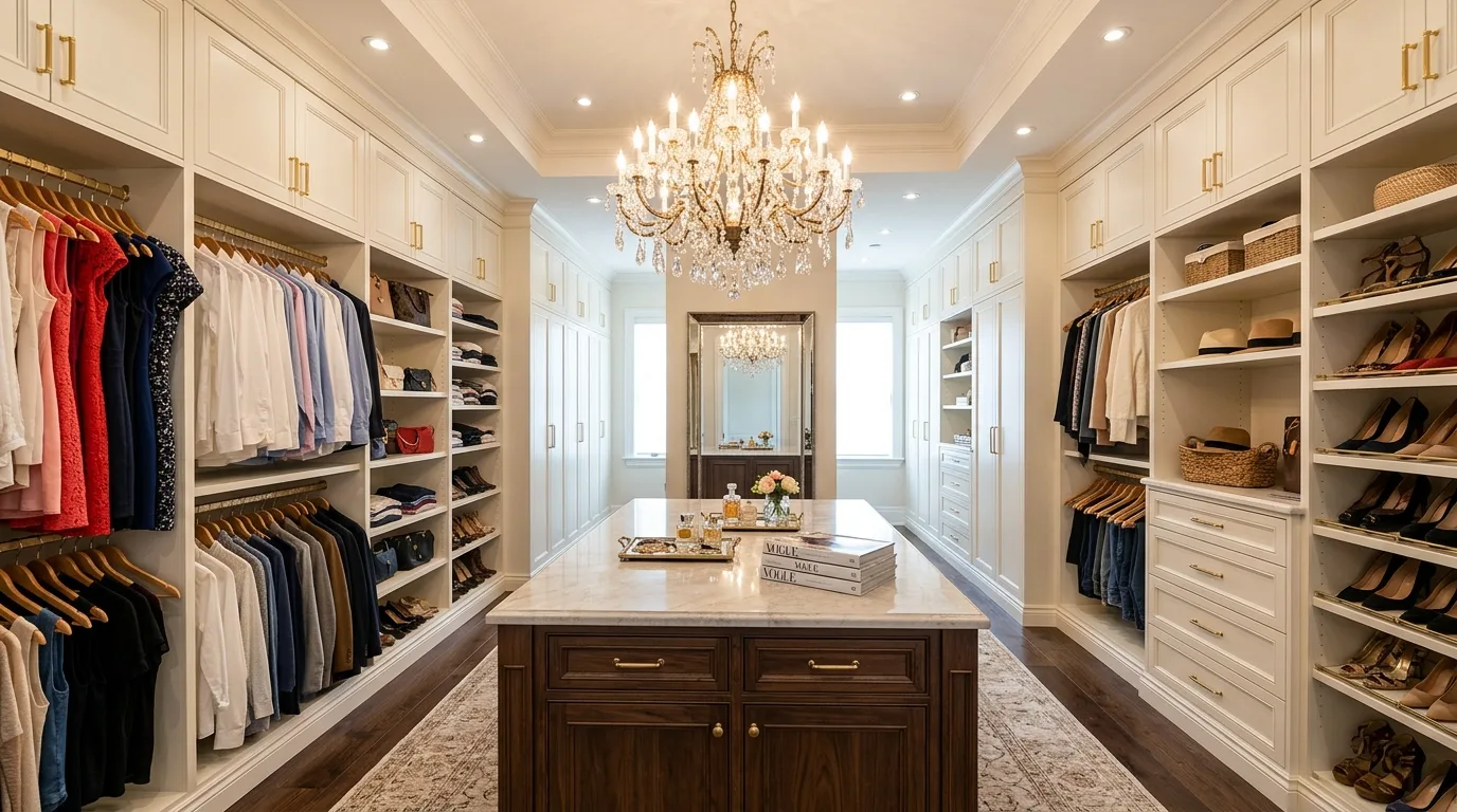 Stylish walk-in closet with seating creating a true dressing room feel.