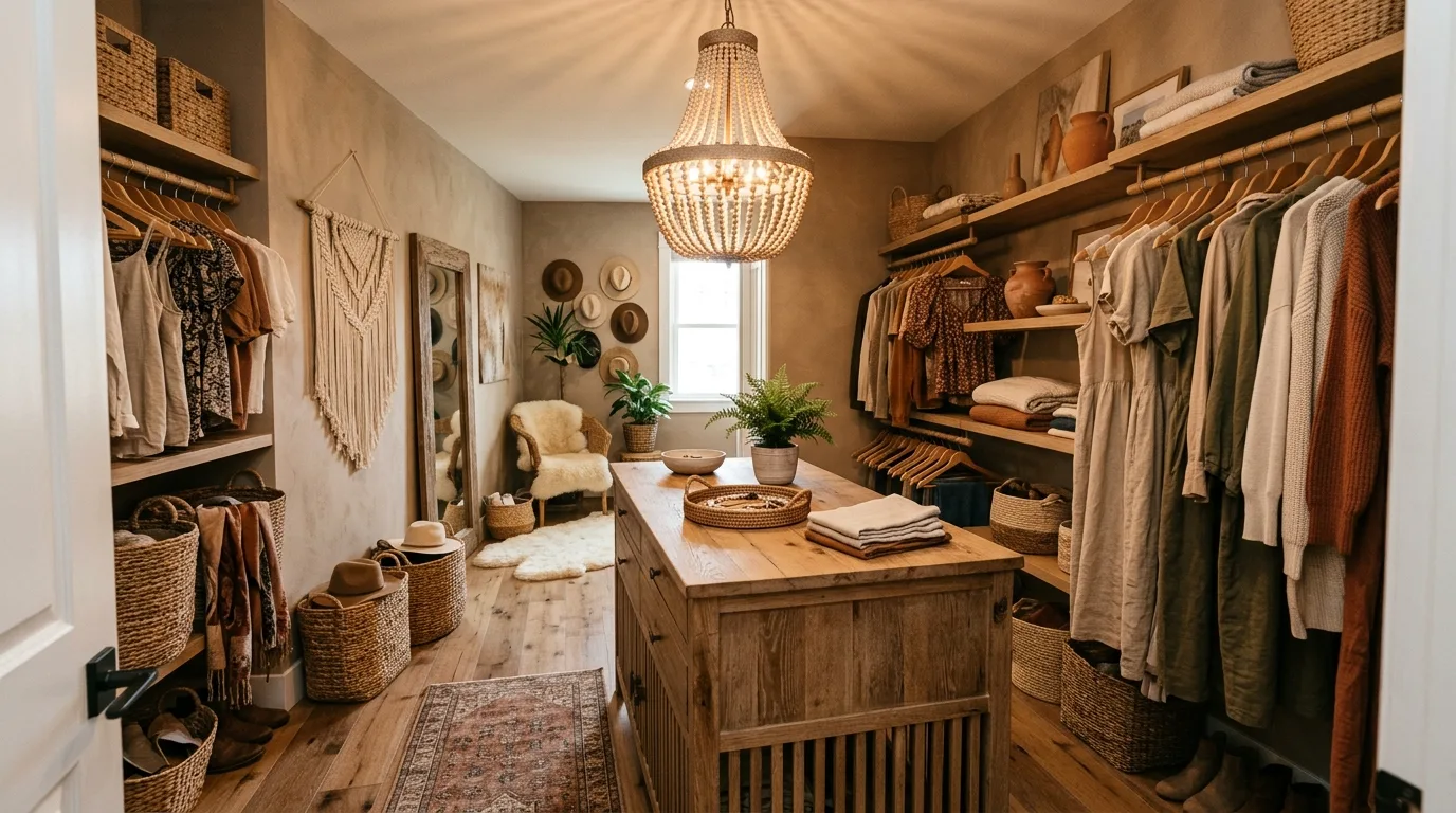 Stunning walk-in closet with lightly styled open shelves and display accents.