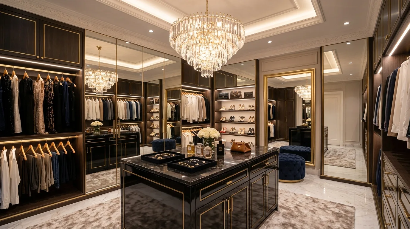 Dreamy boutique-style walk-in closet with elegant lighting and balanced storage.