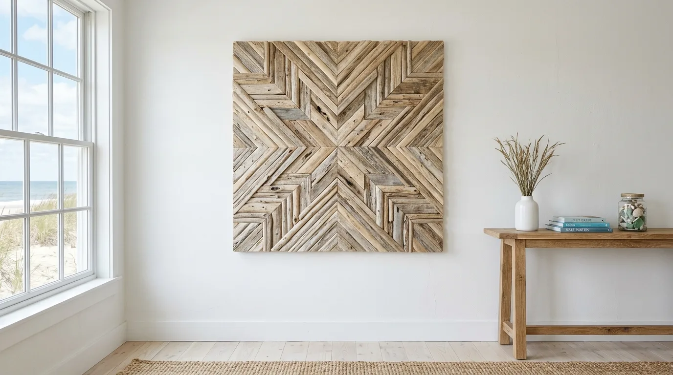 Breezy coastal living room with pale blue accents, driftwood tones, and airy beach-inspired decor.