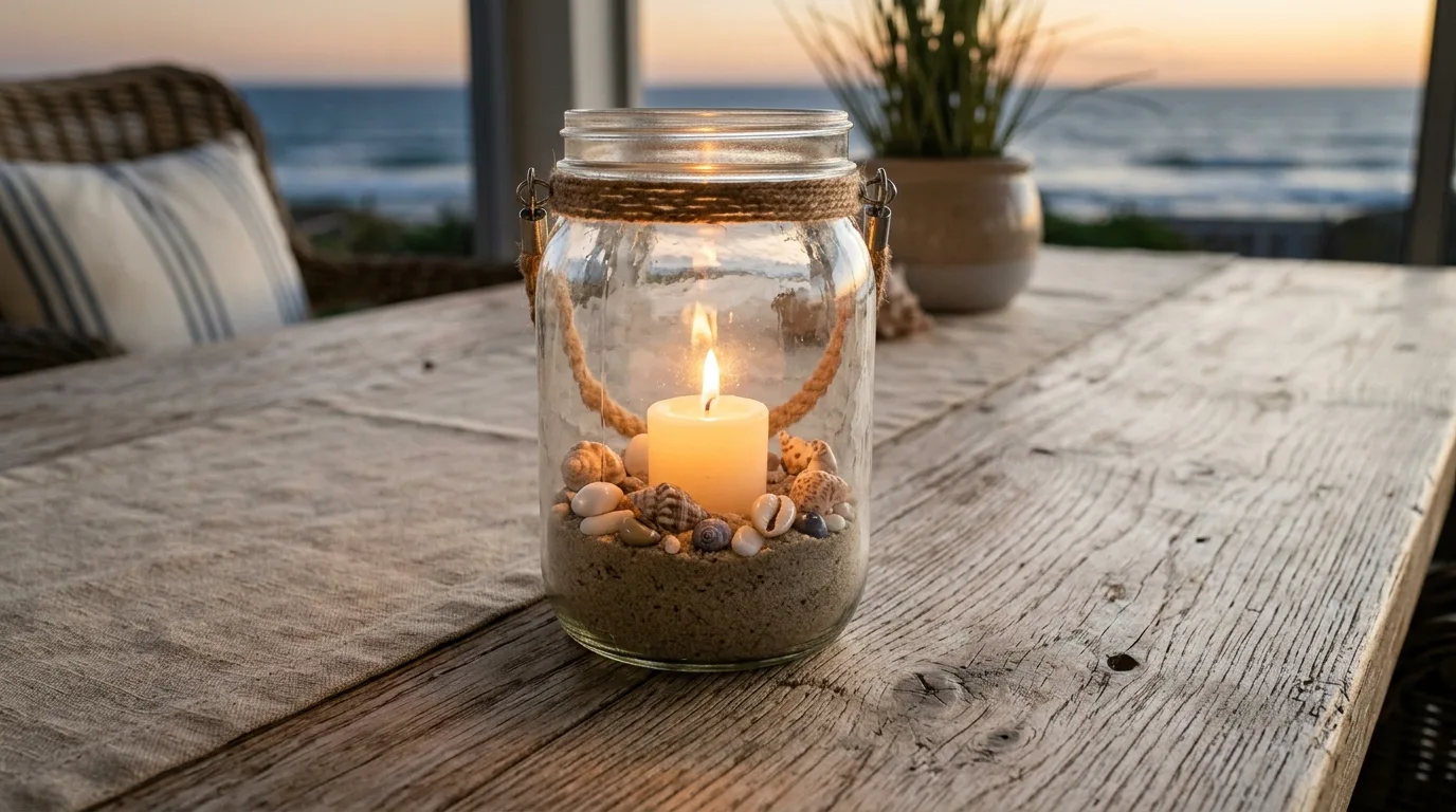 DIY coastal home decor with a soft blue accent wall and pale wood accents.