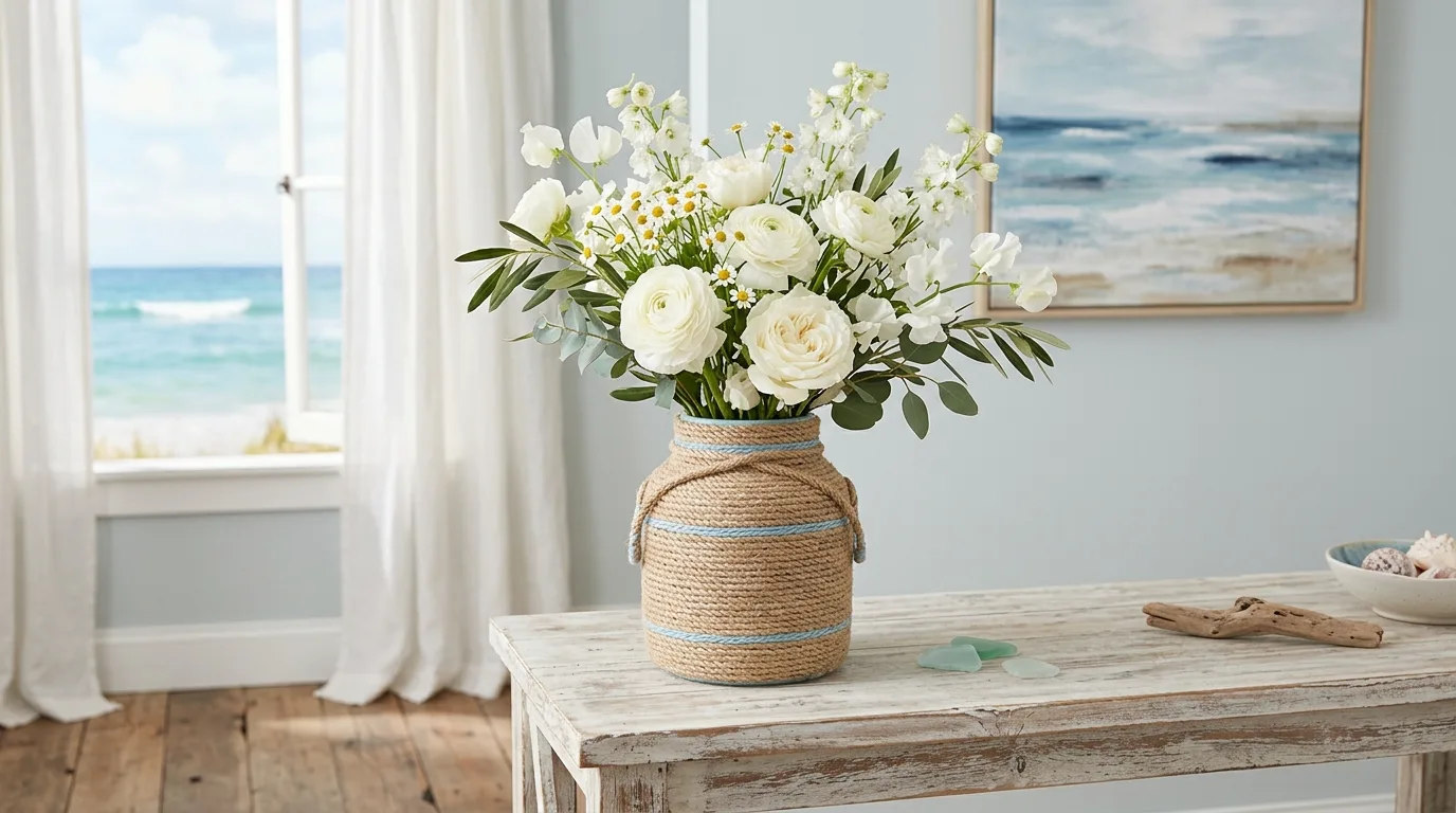 Coastal decor using rope accents, woven baskets, and natural textures indoors.