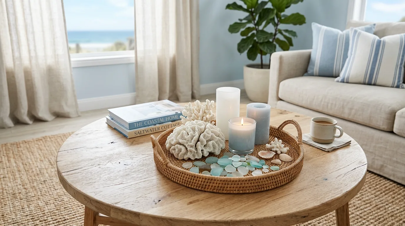 Coastal bedroom with striped textiles and soft blue-and-white beach styling.
