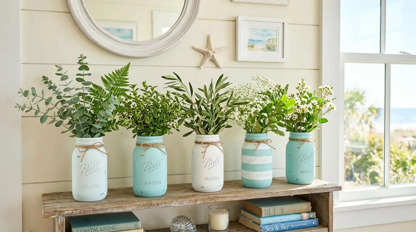 Coastal-style room with weathered wood furniture and airy neutral decor.