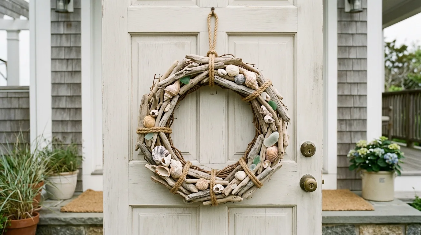 Coastal interior styled with sea-glass green accents and airy beach tones.