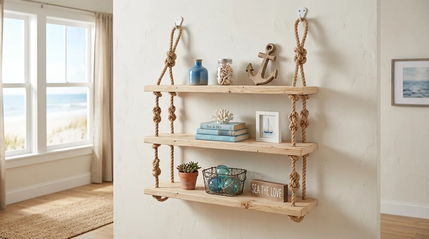 DIY coastal wall art in sand, white, and blue tones above a sofa.